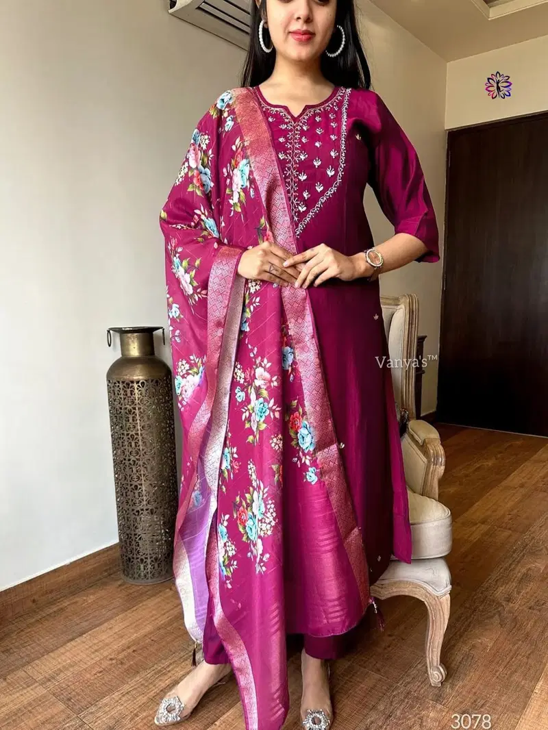 KF 3294 Kalaai Roman Silk Embroidered Kurti With Bottom Dupatta Exporters In India